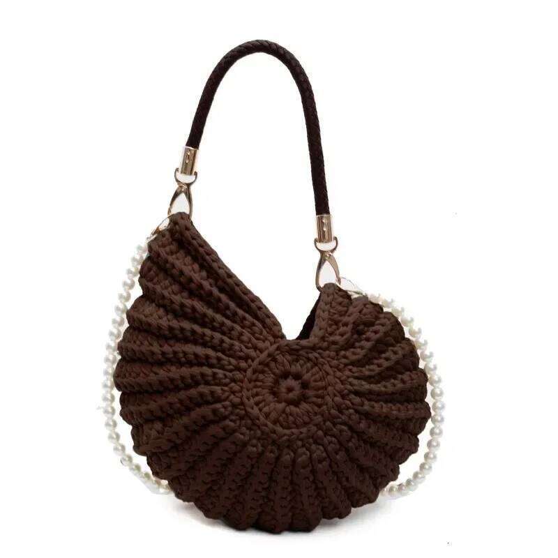 Fashion Conch Shaped Crochet Women Shoulde Bags Funny Cute Pearls Chains Handmade Weave Crossbody Bag Novelty Small Handbags