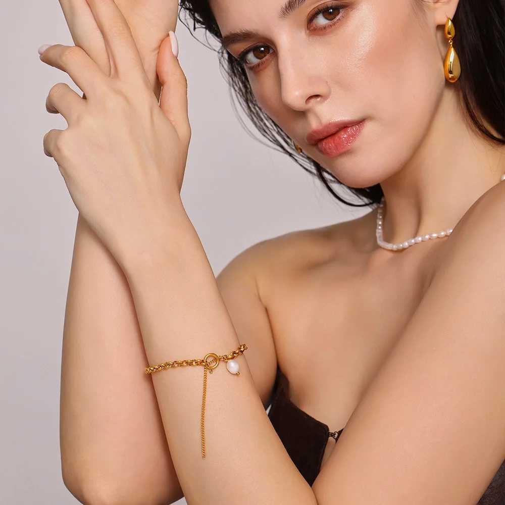 Chic Niche Chain Link Gold Plated Bracelet For Women Stainless Steel Pearl Pendant Bangle Vintage Luxury Charm Jewelry X250625