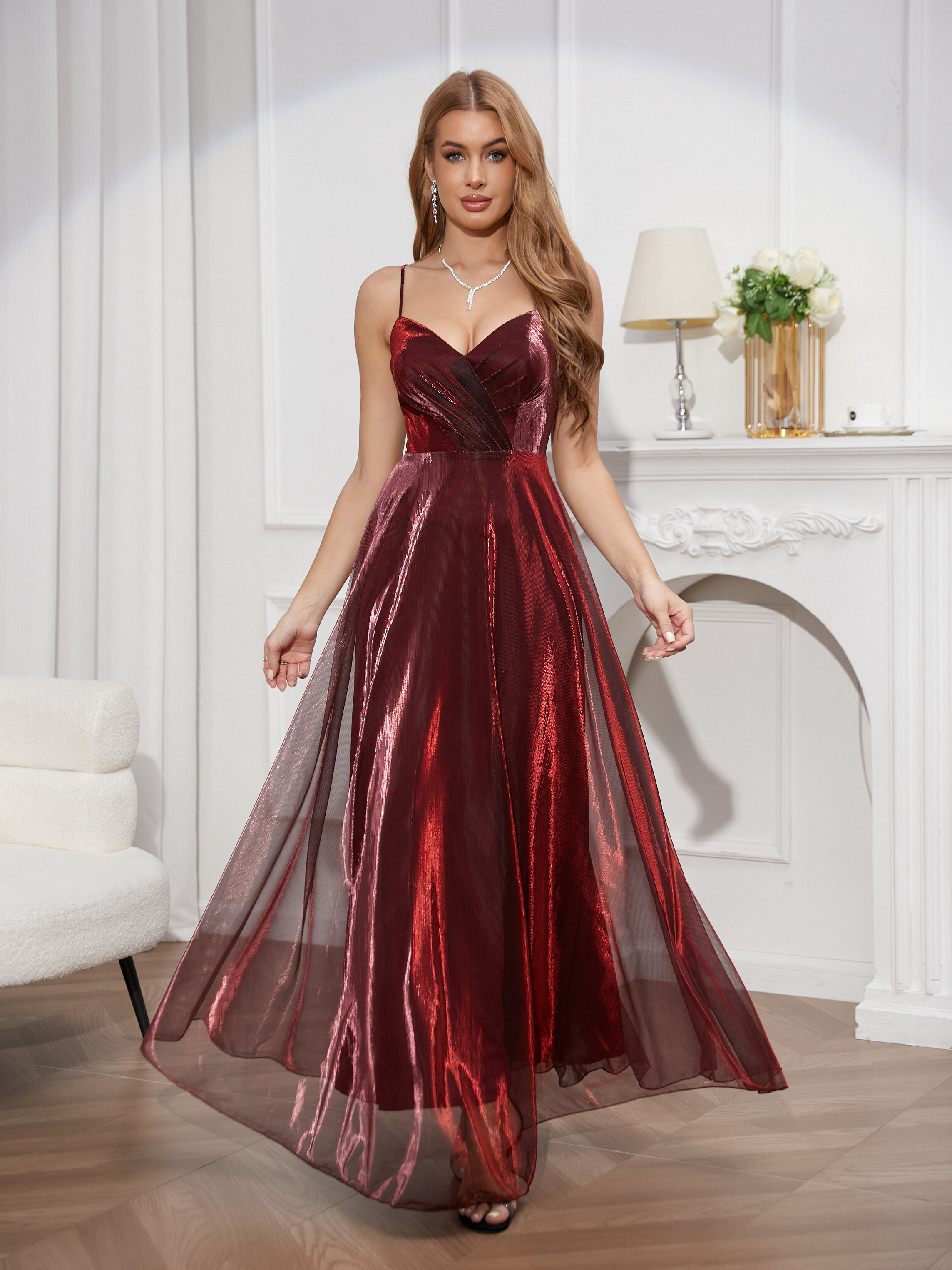 Prom dress, shiny fabric, bottom-flush back strap, sexy deep V sling dress, elegant tulle dress, prom dress