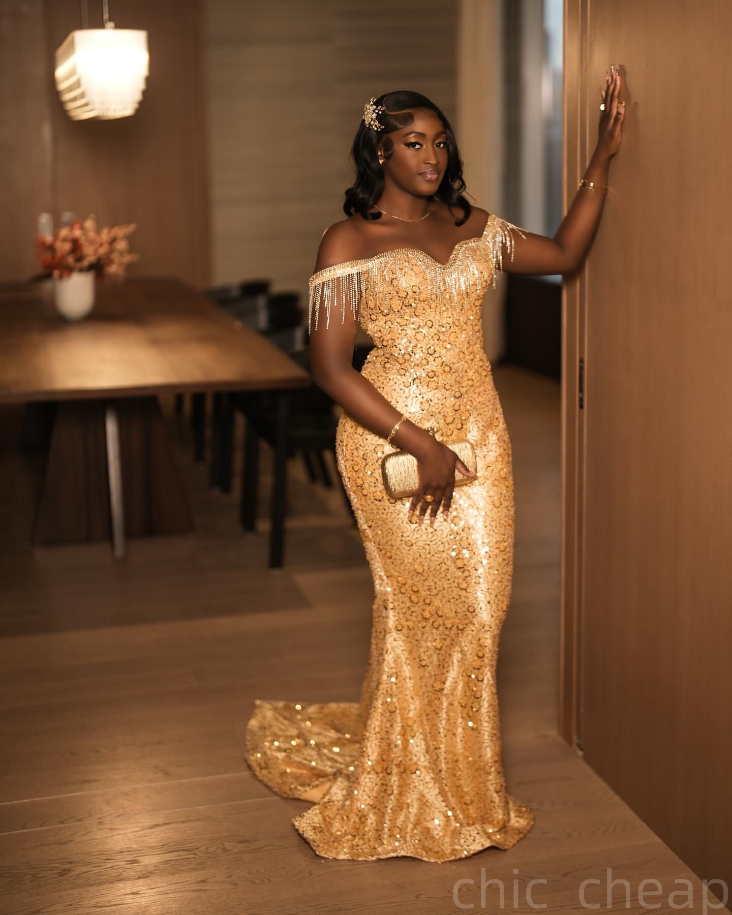 Gold Mermaid Prom Dresses 2025 Tassels Sequined Lace Sparkly Evening Formal Party Second Birthday Engagement Gowns Plus Size Dress For Special Occasio