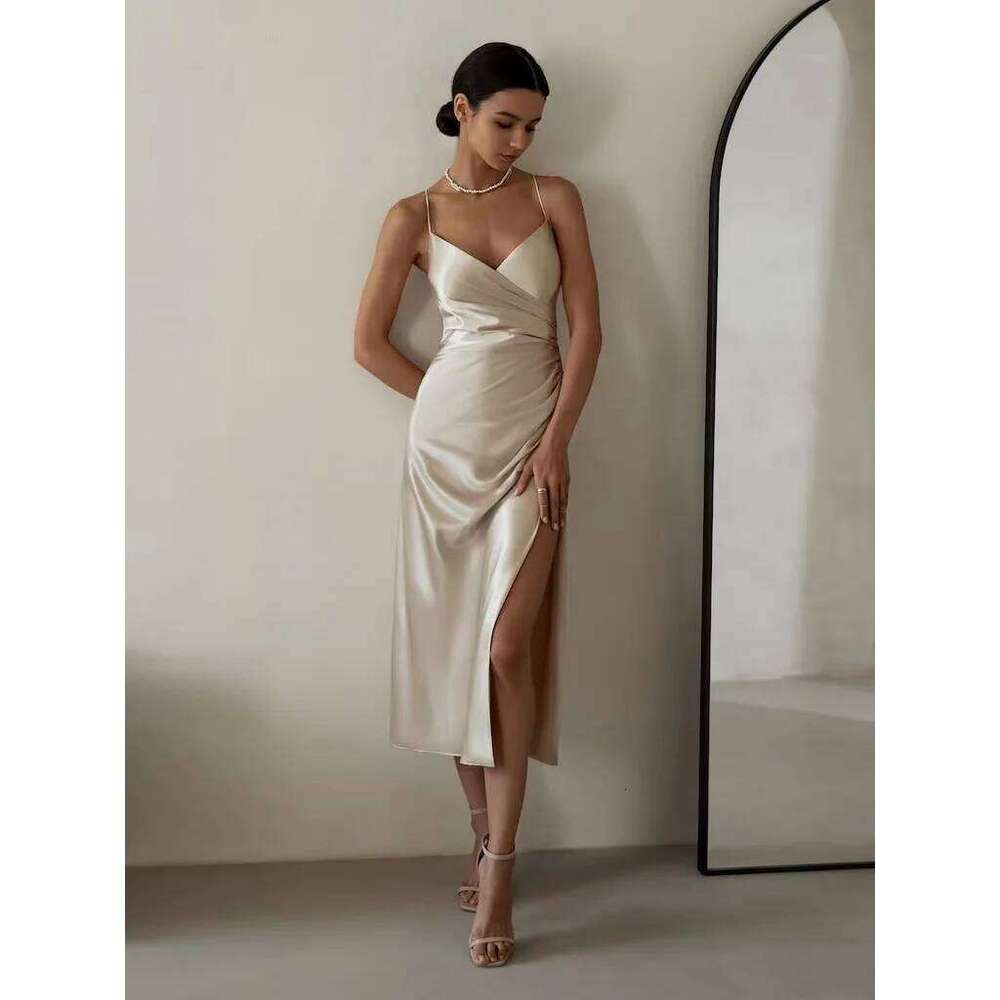 Sexy Evening for Woman Camisole Backless Slit Dresses High Split Pleat Satin Formal Elegant Party Prom Gowns Vestidos