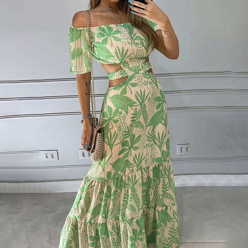 Spring Women's Commuter Print Elegant Temperament Hollow Out Large Swing Dress B5