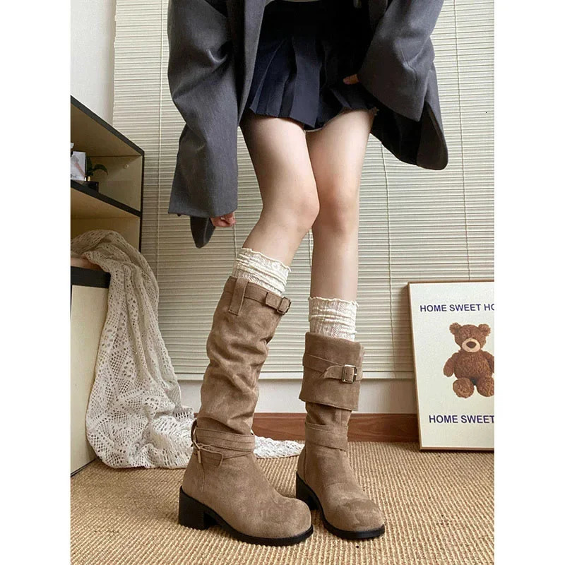 Women Vintage Pile Western Cowboy Boots Spring Autumn Long Boots Women Round Toe Slip on Knee High Casual Platform Botas Mujer 250623