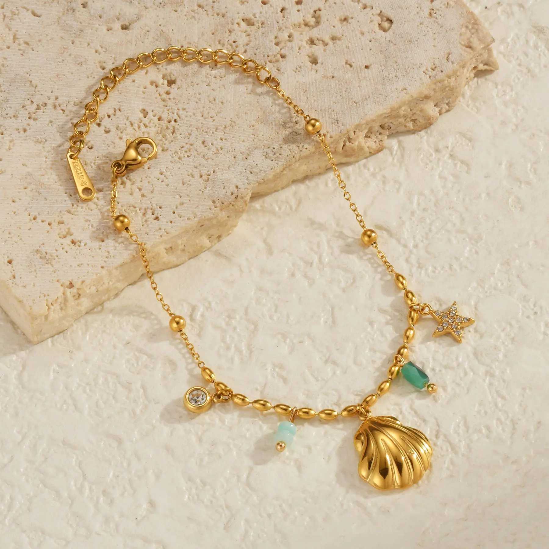 18K Altn Kaplama Renkli Ced Tal Kabuklu Rhinestone Wen Bileklik ok Ynl Paslanmaz elik Zincir Plaj Tak X250625