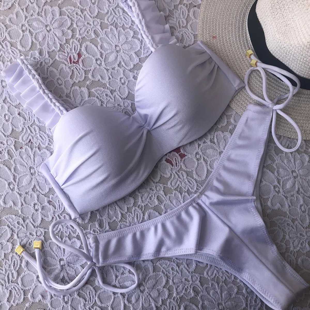 2024 New Push Up Sexy Bikini Set High Waist Swimsuit Women Swimwear Mujer Lace Ruffle Bandage Bathing Suit 2 Piece Set Swimming XJ250624