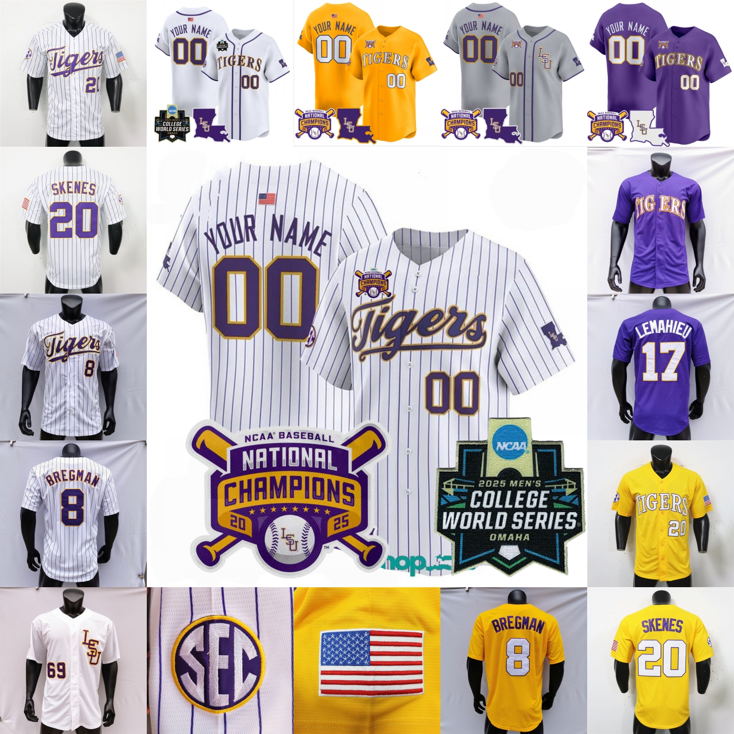 2025 WS Patch LSU Baseball Jersey College Alex Bregman Paul Skenes Daniel Dickinson Zac Cowan DJ LeMahieu Dylan Crews Tanner Reaves Casan Evans Curiel Frey Jones