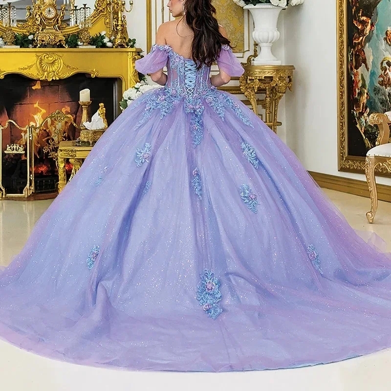 Lavender Shiny Princess Quinceanera Dresses Ball Gown Applique Lace Beads Tull Corset Sweet 16 Dress Vestidos 15 De XV Anos