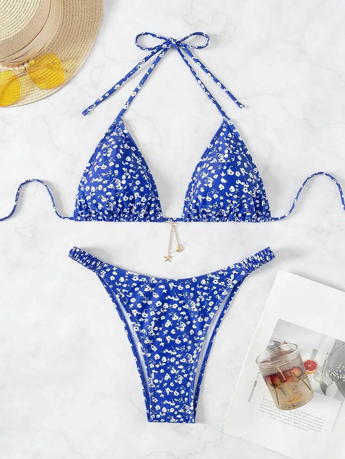 Halterneck floral pattern triangle cup split bikini summer cool swimwear comfortable XJ250624