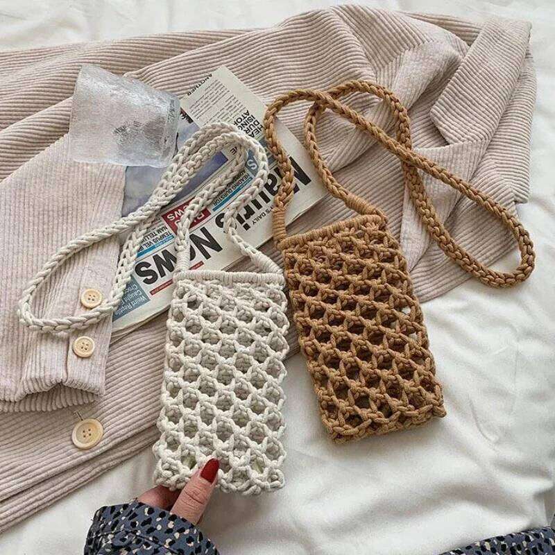 Women Fashion Small Phone Bag Solid Color Hollow-Out Woven Crochet Lightweight Braided Shoulder Handbag Crossbody Bags