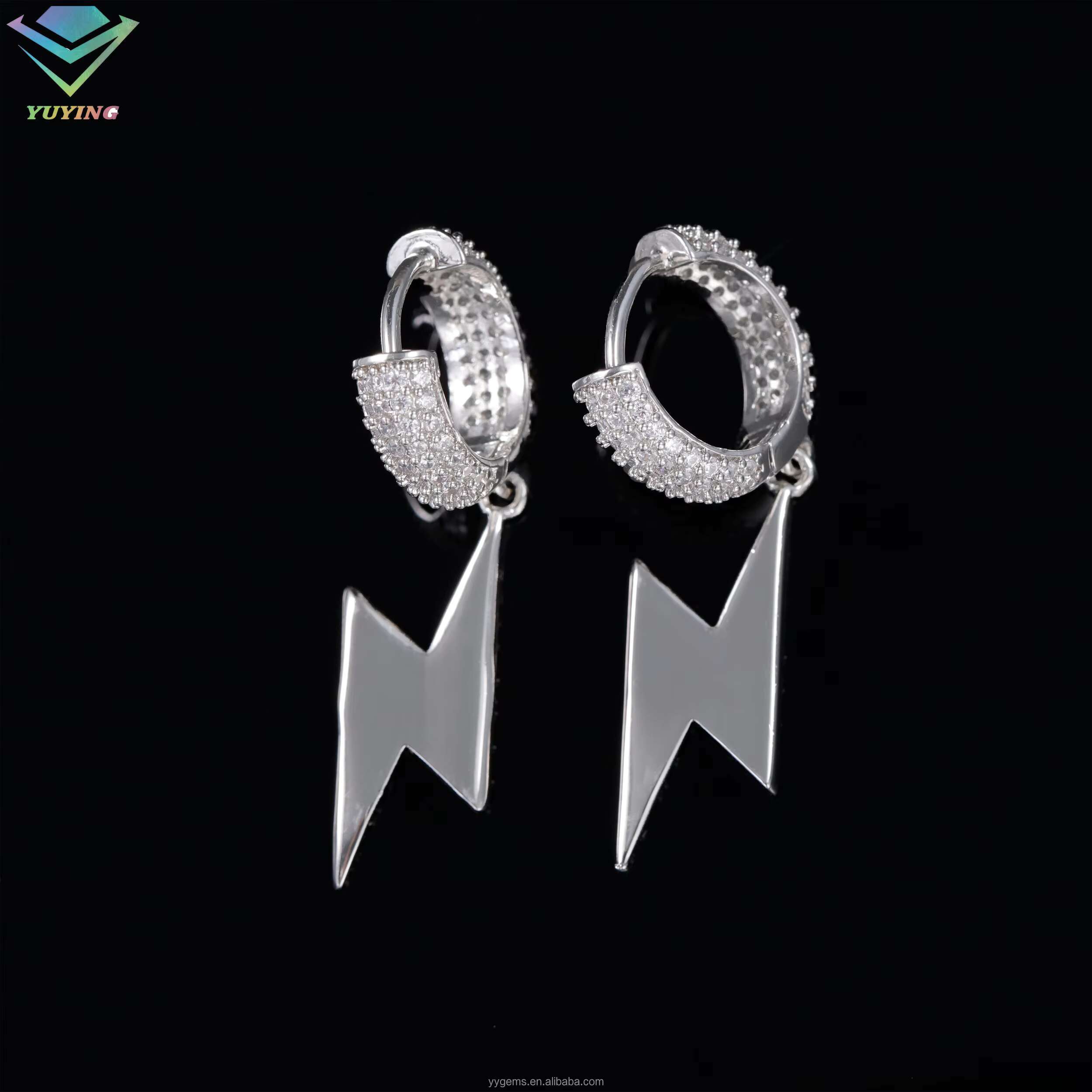 New Arrivals lightning Ice Out Moissanite S925 Silver White Gold Plated Hip Hop Fashion Jewelry Hoop Earrings