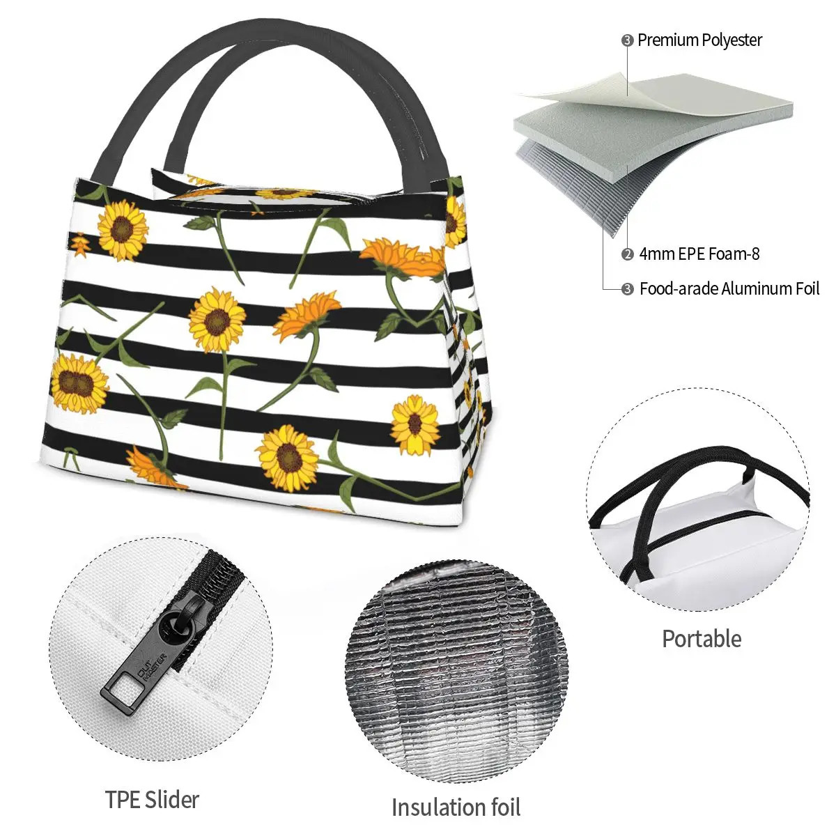Abstract Sunflower Lunch Bag Striped Retro Lunch Box For Unisex Office Portable Insulated Cooler Bag Thermal Lunch Bags 250624