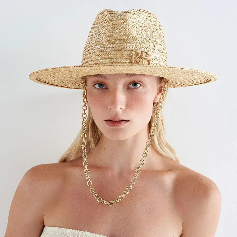 2025 European American Fashion n Natural Straw Hat Female Handmade Letter Sun Hat Metal Chain Sunshade Hat 250624