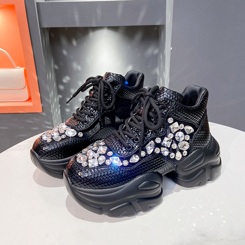 Fashion Luxury Women's Shoes Casual Thick Sole 8cm Designer Sneakers Girls Lace-up Ladies Casual Shoes White crystal decoration Women Zapatillas 