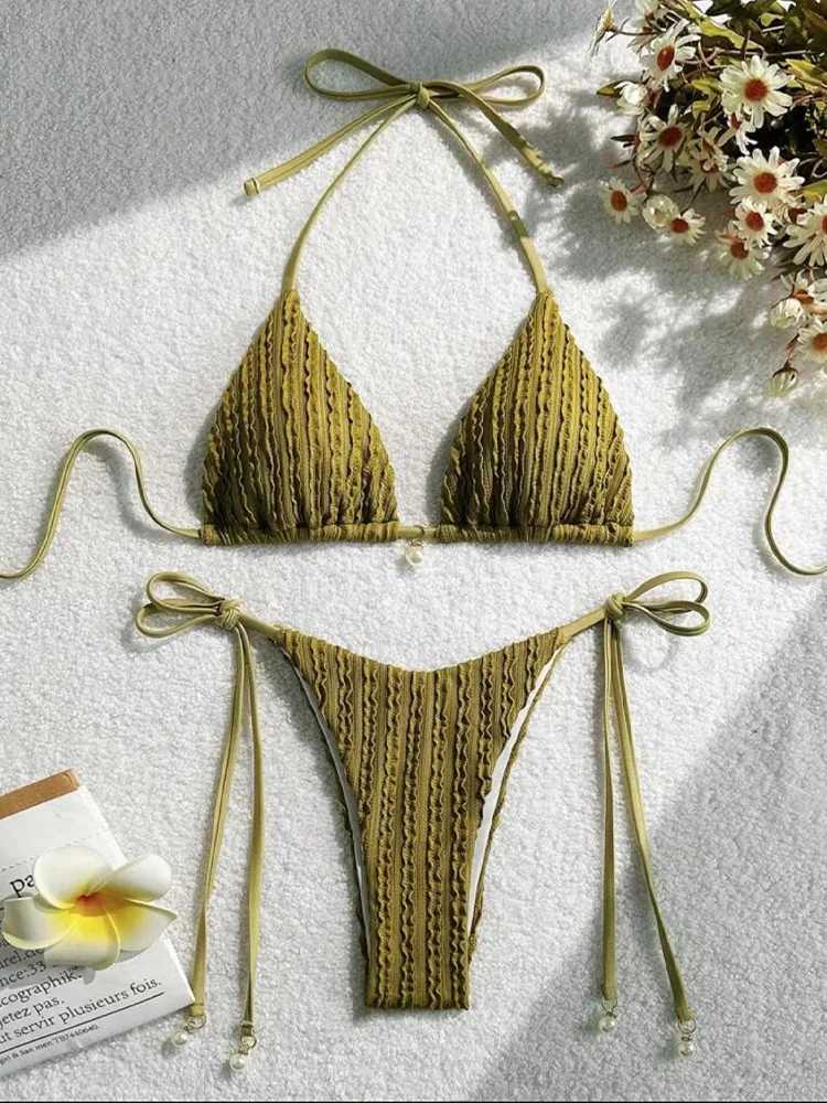 Vzvn 2025 New Summer Swimwear Bikinis Set Sexy Backless Bikini 2 Pieces Set Women Laced Up Solid Split Swimsuit Beach BikiniXJ250624