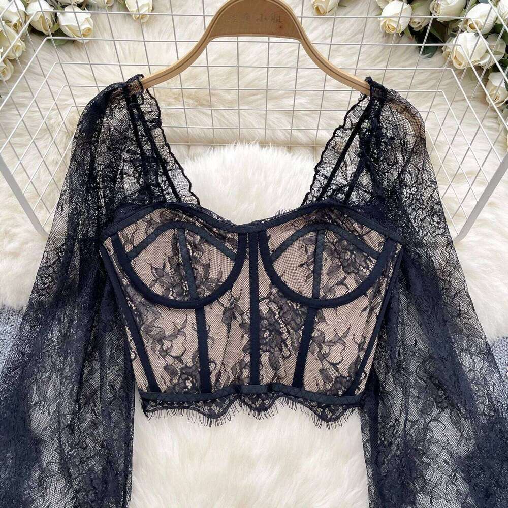 Chic Lace Flare Long Sleeve Square Collar Backless Crop Top Solid Slim Sexy Korean Fashion Summer Women Shirt