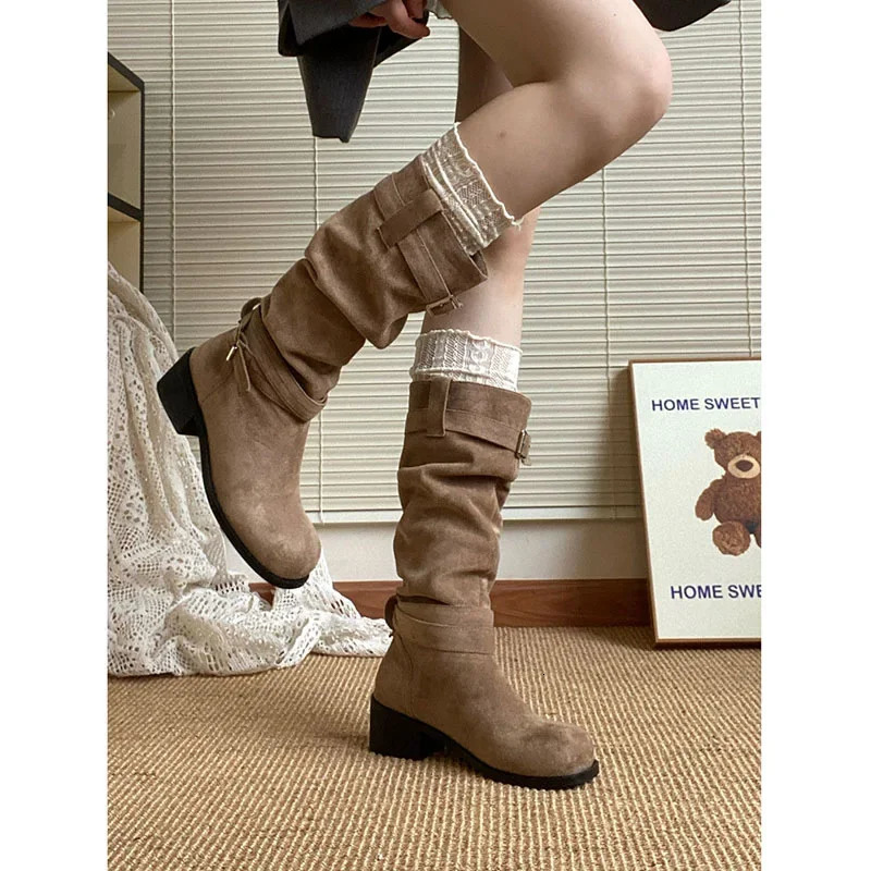 Women Vintage Pile Western Cowboy Boots Spring Autumn Long Boots Women Round Toe Slip on Knee High Casual Platform Botas Mujer 250623