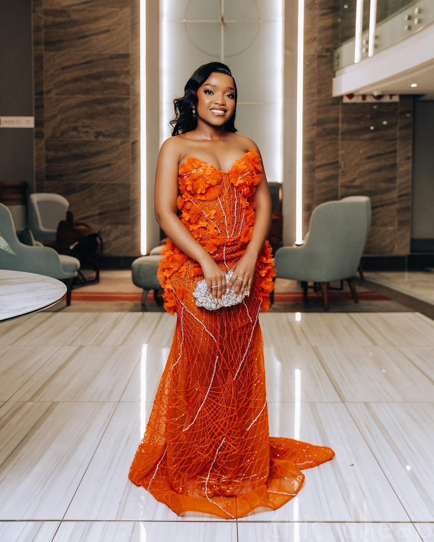 Orange Mermaid Prom Dresses 2025 Crystals Flowers Sequined Elegant Evening Formal Party Second Birthday Engagement Gowns Plus Size Dress For Special O
