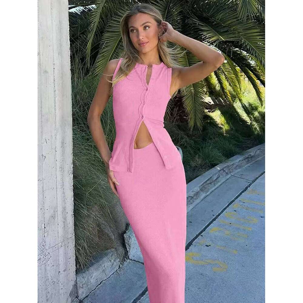 Dulzura Matching Suit Sleeveless Ribbed Single-Breasted Top Shirt Maxi Skirt 2025 Spring Summer Women'S Clothing Sexy Streetwear