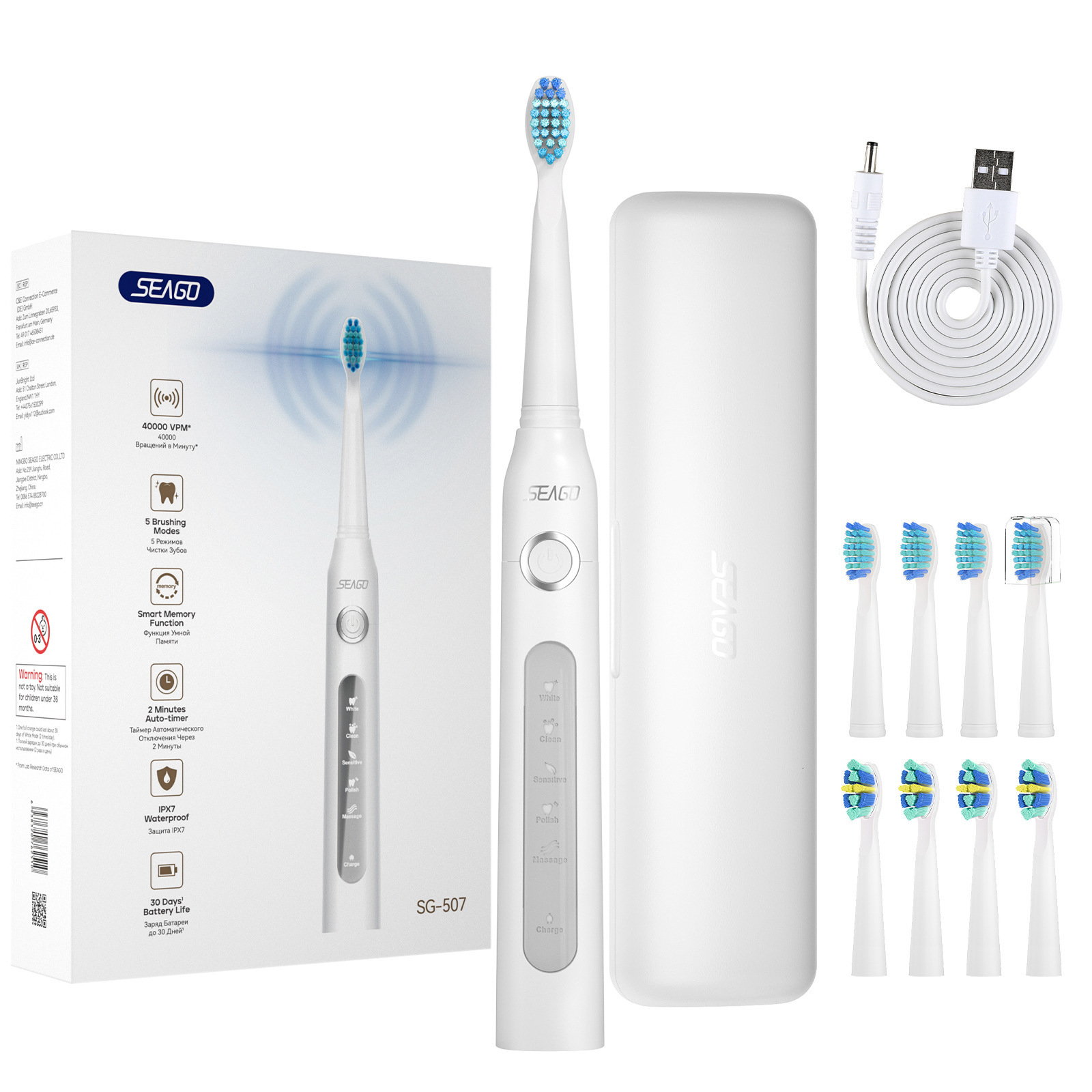 Seago Sonic electric toothbrush has 5 modes for cleaning teeth with 8 replaceable brush heads and a 2-minute timer. It comes with a portable case 2410