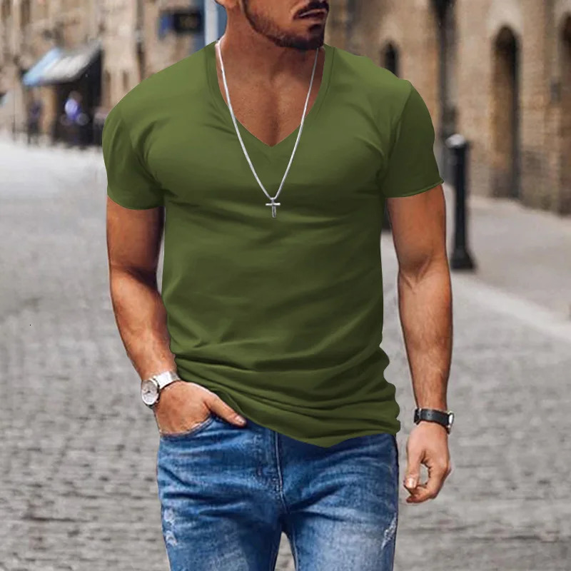 Summer Mens T Shirt Tee Top V-neck Solid Color Slim-fitting Thin Casual Elastic Tee Tops T-Shirts 250625
