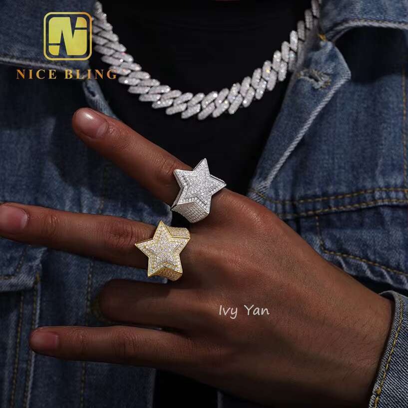 Popular Custom Star Shape Hip Hop Style Jewelry Men Ring Iced Out VVS Moissanite Diamond 925 Sterling Silver Men Women Rings