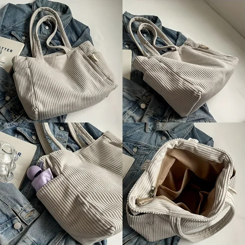 Casual Corduroy Handbag with Zipper Closure Light and Large Capacity Fixed Shoulder Strap Solid Color Daily Handbag 250609