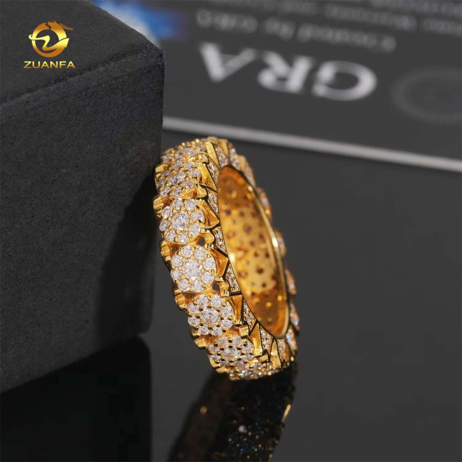 Hot Sale Cluster Design Moissanite Hip Hop Ring Sterling Silver 925 Gold Plated Moissanite Mens Ring Pass Diamond Test