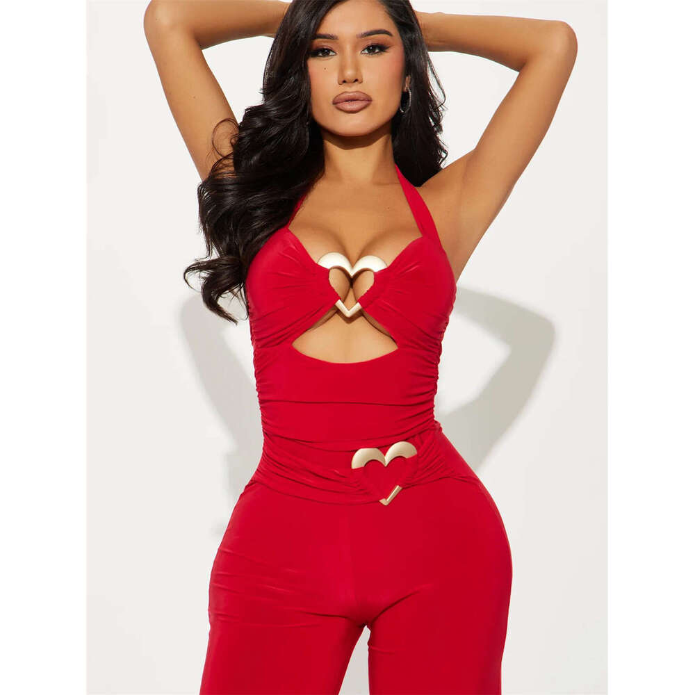 New Fashionable Elegant Slim Sexy Solid Color Hollow Metal Strap Backless Jumpsuit B5