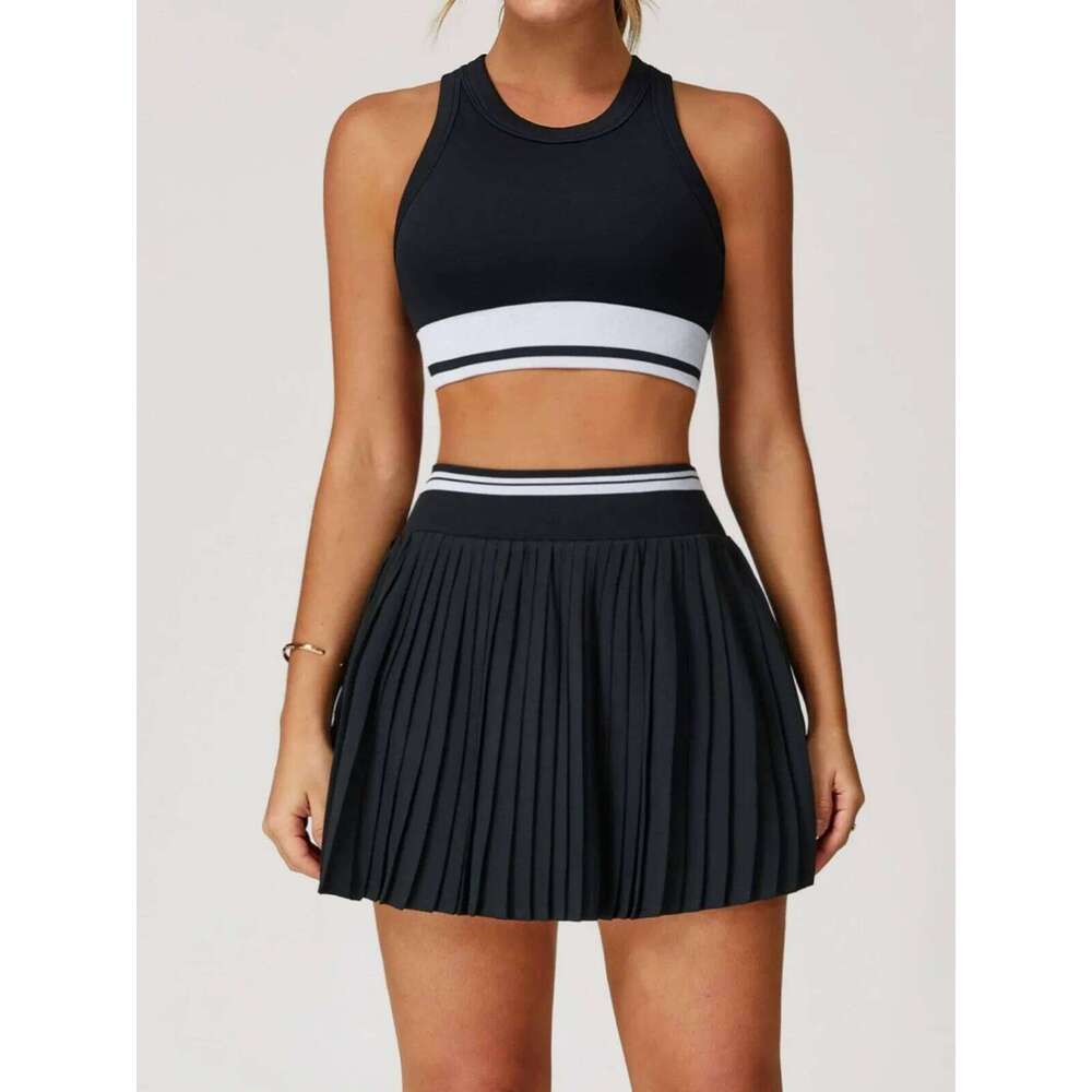 Yoga Skorts Set Women Contrast Color Sports Bra High Waist Pleate Skirt Fiess Suit Outdoor Running Athletic Gym Wear Tracksuit