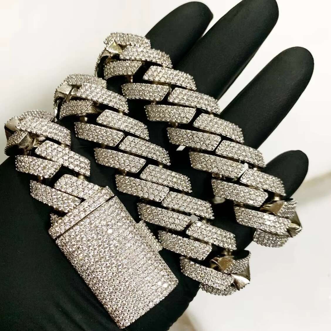 Hip Hop 925 Silver Cuban Link Chain Necklace Bracelet 10MM 2 Rows Moissanite Diamond for Men