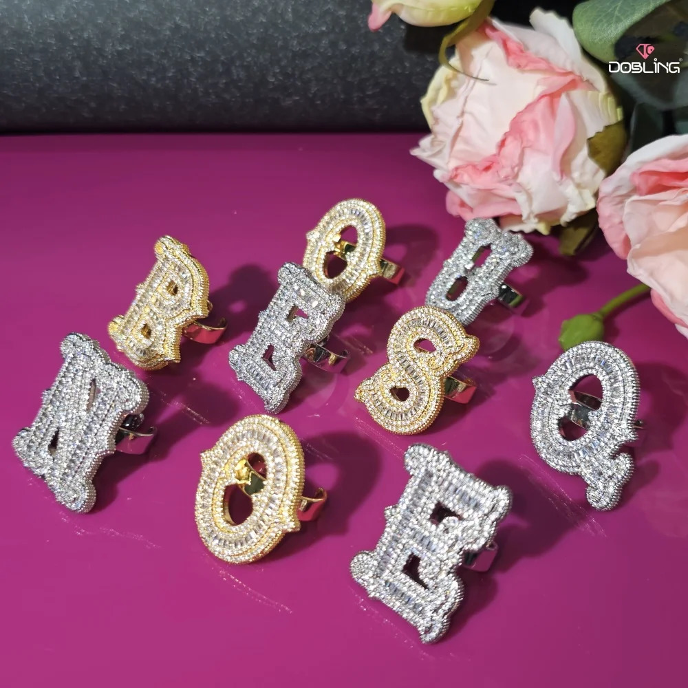 Custom Initial Letter Ring Charm Full Iced Out Cubic Zircon Open Adjustable Size Jewelry Personalized Hip Hop Gift For Him Her 250624