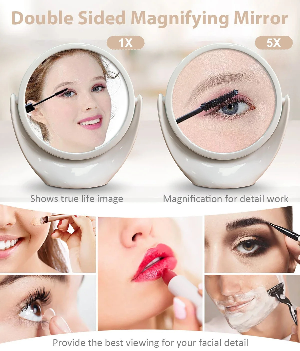 Double-sided 1x/5x Magnifying Makeup Vanity Mirror without light Free Standing 360 ° Rotation Travel Portable Cosmetic Compact 250625