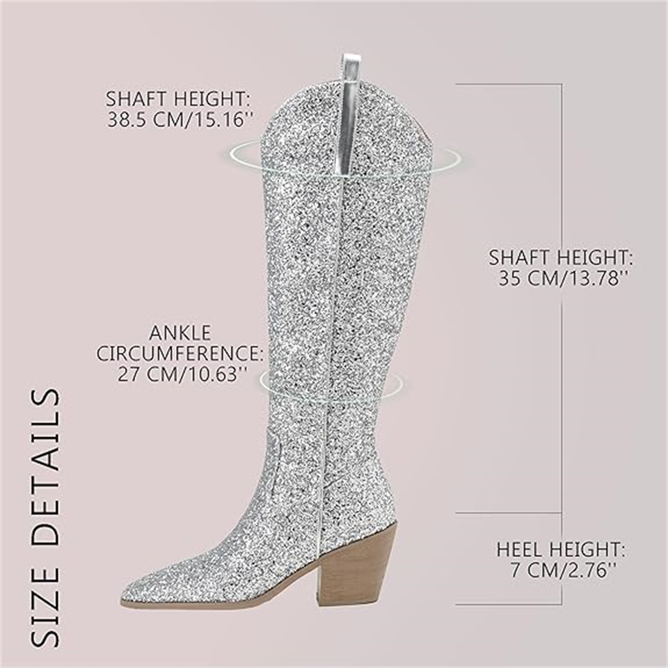 ARQA Cowgirl Boots for Women Side Zipper Tall Wide Calf Western Knee High Cowboy Boots Chunky Heels Glitter Sequin Party Dress Wedding Bridal Country 