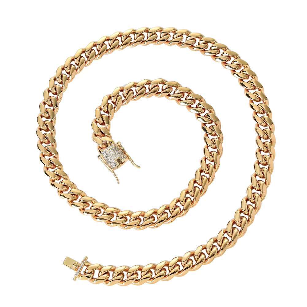 BC001 8mm 10mm 12mm 14mm Stainless Steel Cuban Chain Necklace with Brass Setting Zircon Clasp Hip Hop BLING