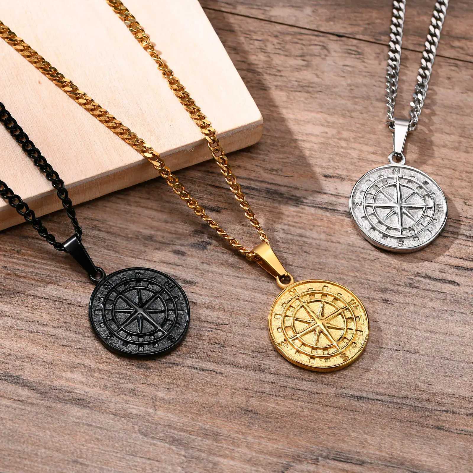 Stainless Steel Compass Necklaces for Men North Star Anchor Medal Coin Pendant Necklace Jewelry Gift for BBF Brother Him V250625