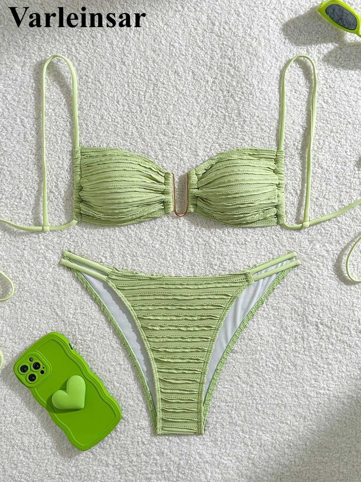 U Neck Wrinkled Crinkled Bikini Women Swimwear Female Swimsuit Two-pieces Bikini set High Cut Bather Bathing Suit Swim V5708B XJ250624