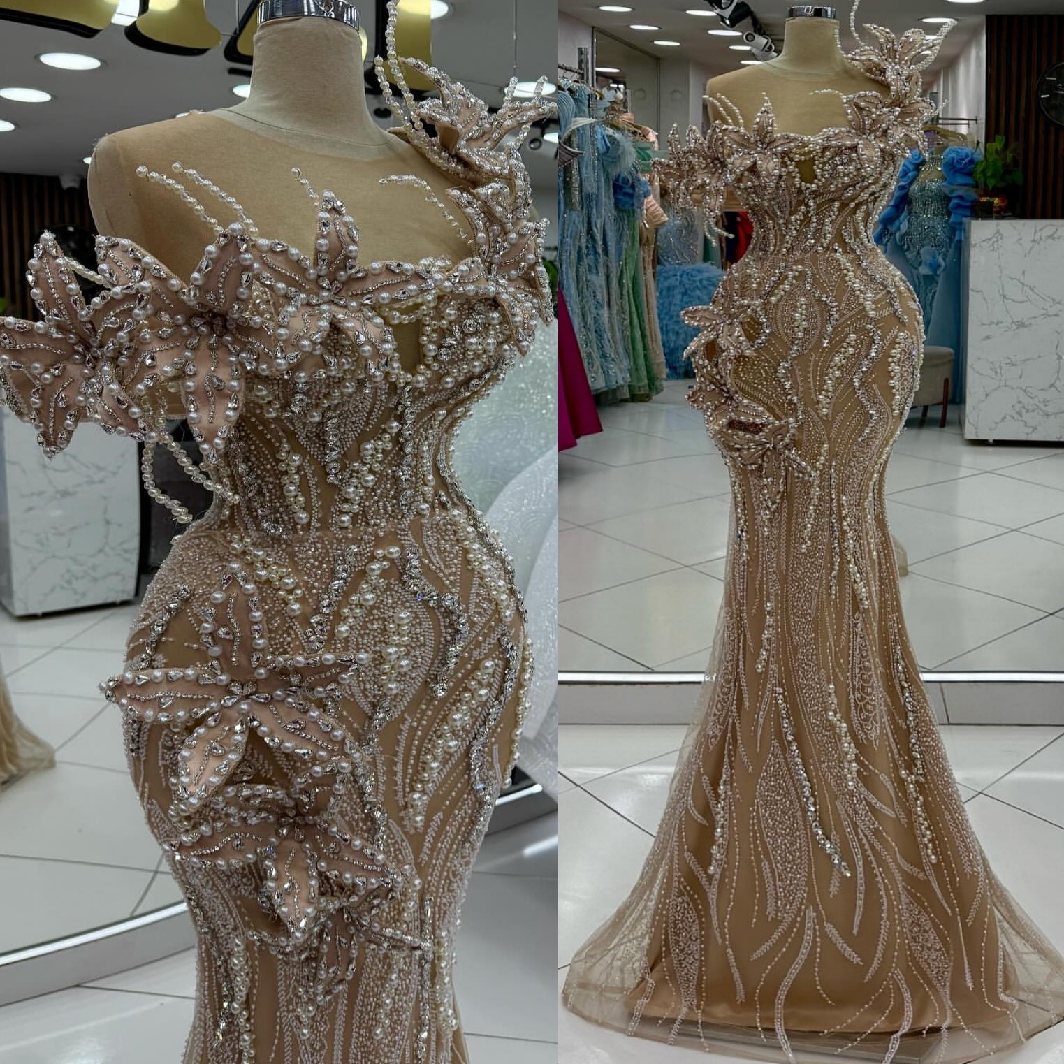 Champagne Mermaid Prom Dresses 2025 Illusion Crystals Pearls Flowers Evening Formal Party Second Birthday Engagement Gowns Plus Size Dress For Special