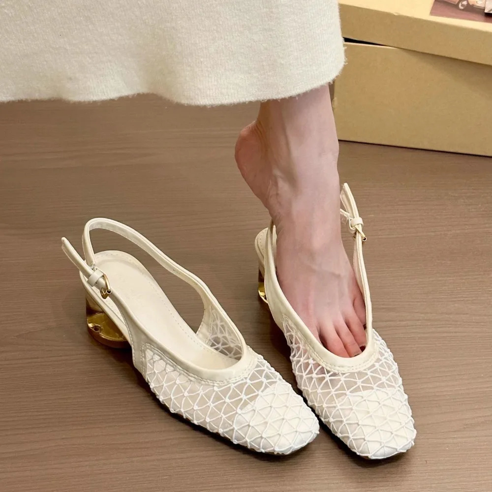 French Temperament Square Head Braided Bag Head Backspace Sandals Spring and Summer Fashion Crystal Single Shoes Dark Brown 250624