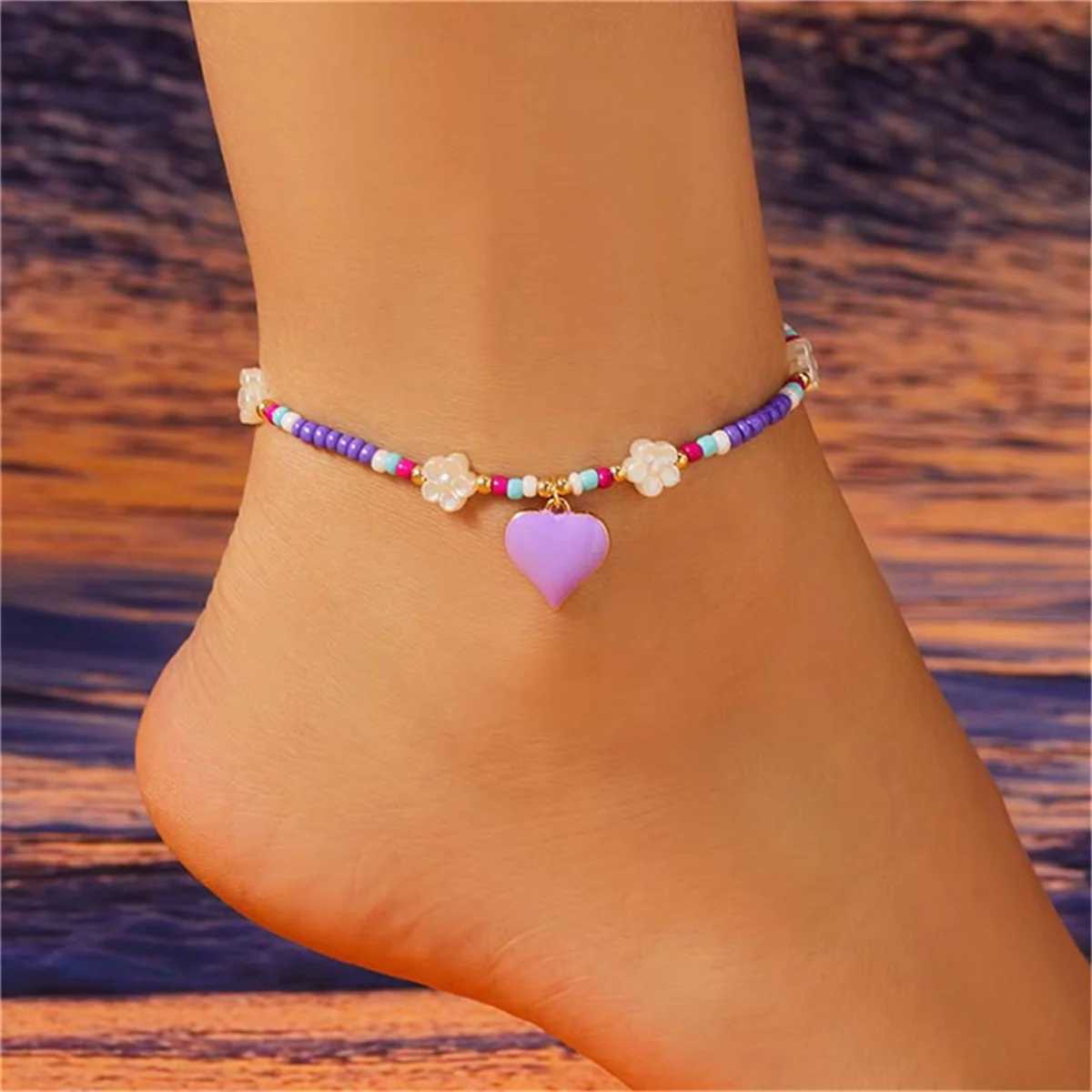 Boho Colorful Enamel Heart Flower Anklets For Women Charm Small Resin Beads Ankle Bracelet Summer Beach Barefoot Chain Jewelry U250624