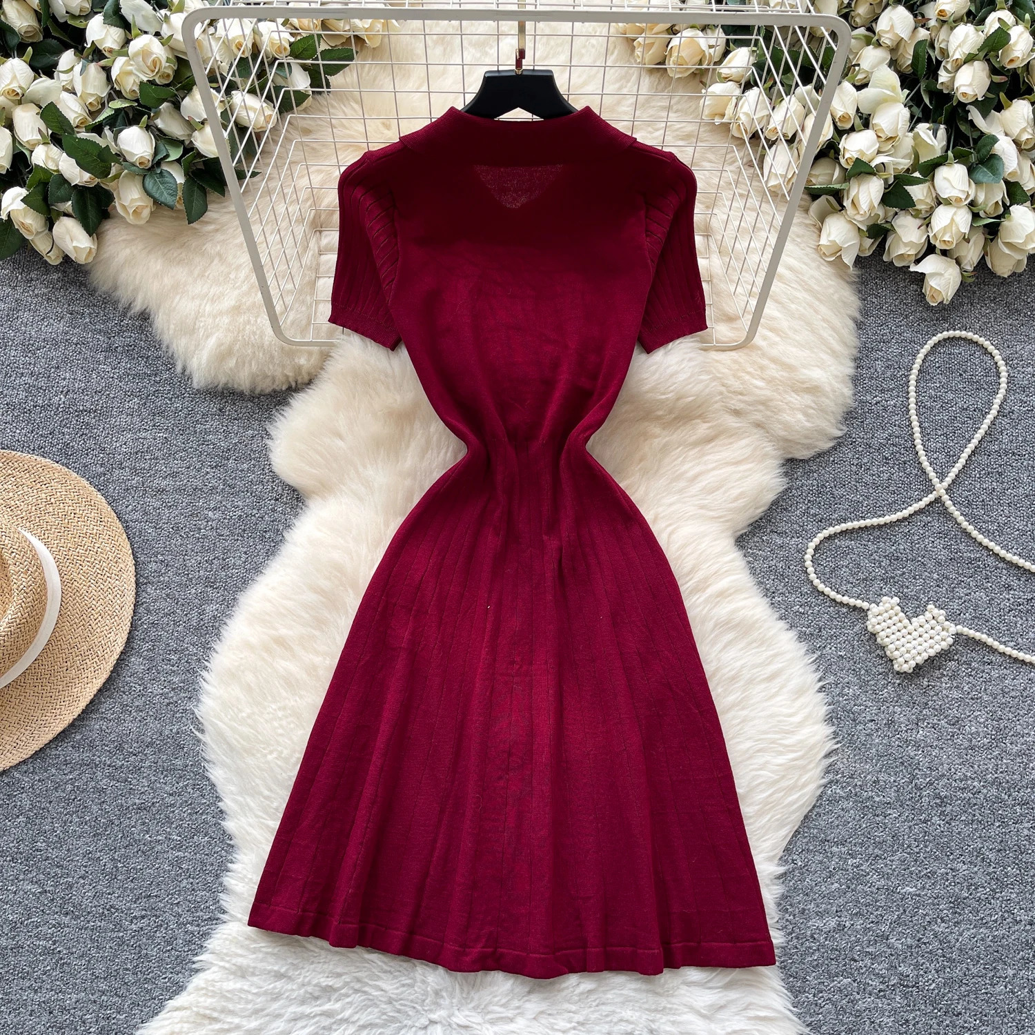 Chic Elastic Knit Polo-Neck Ruched button Elegant Korean Fashion Vestidos Summer Slim Dress 250618