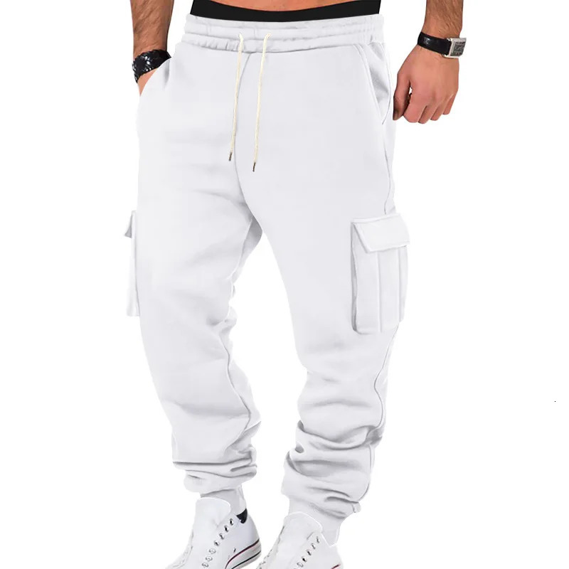 Autumn Winter Fleece Lined Mens Sweatpants MultiPocket Drawstring Cargo Pants Outdoor Sports Joggers Cuffed 250614