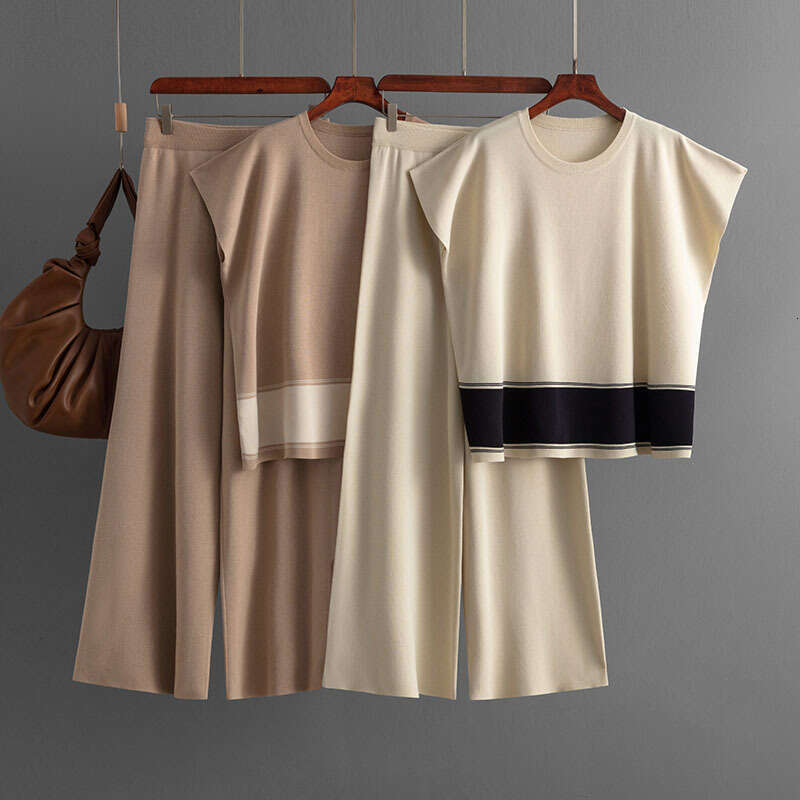 2024 Plus Size Women's Knit Sweater Loose Slimming High Waist Wide Leg Pants Fashion Two-Piece Set