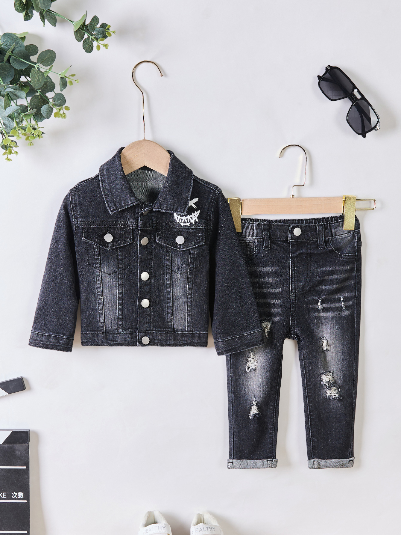 Trendy Kids Attire: Coordinated Shirts-and-Pants Combination Featuring Durable Black Cotton Material