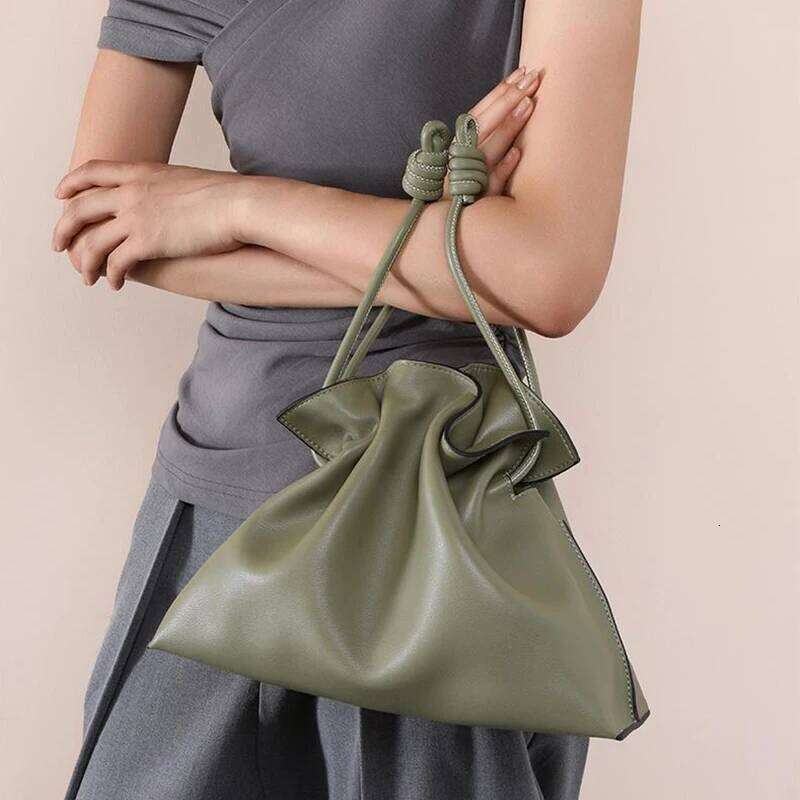 Genuine Leather Dumpling New Drawstring Brand Women Designer Pleated Cowhide Solid Color Shoulder Green Messenger Bag