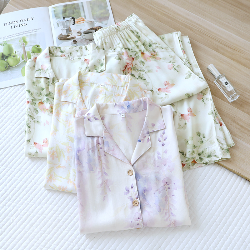 In stock women's spring and summer new items, cotton satin pajamas, elegant forest print, long sleeved straight leg pants, home wear