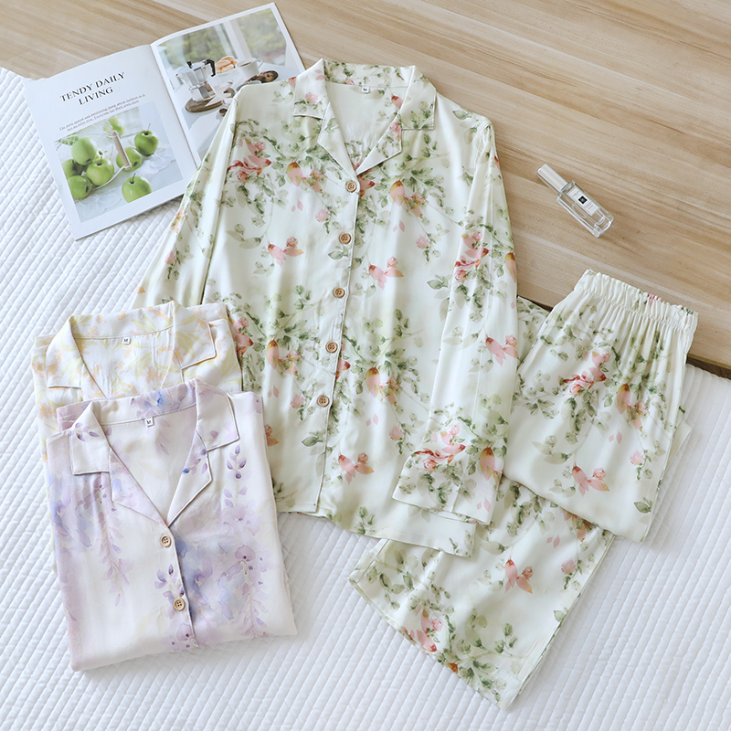 In stock women's spring and summer new items, cotton satin pajamas, elegant forest print, long sleeved straight leg pants, home wear