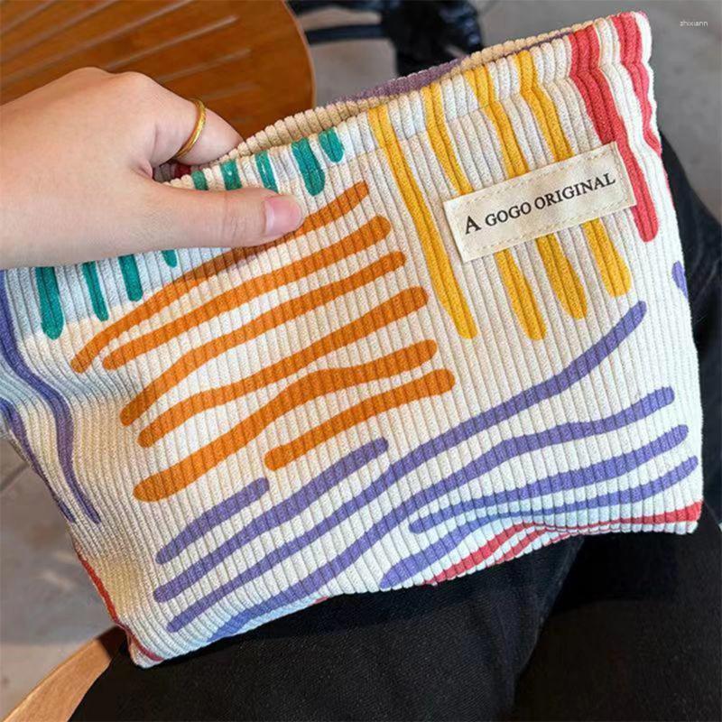 Cosmetic Bags Colorful Stripes Corduroy Bag Portable Travel Toiletry Skincare Sundries Aesthetic Makeup Storage A-DH