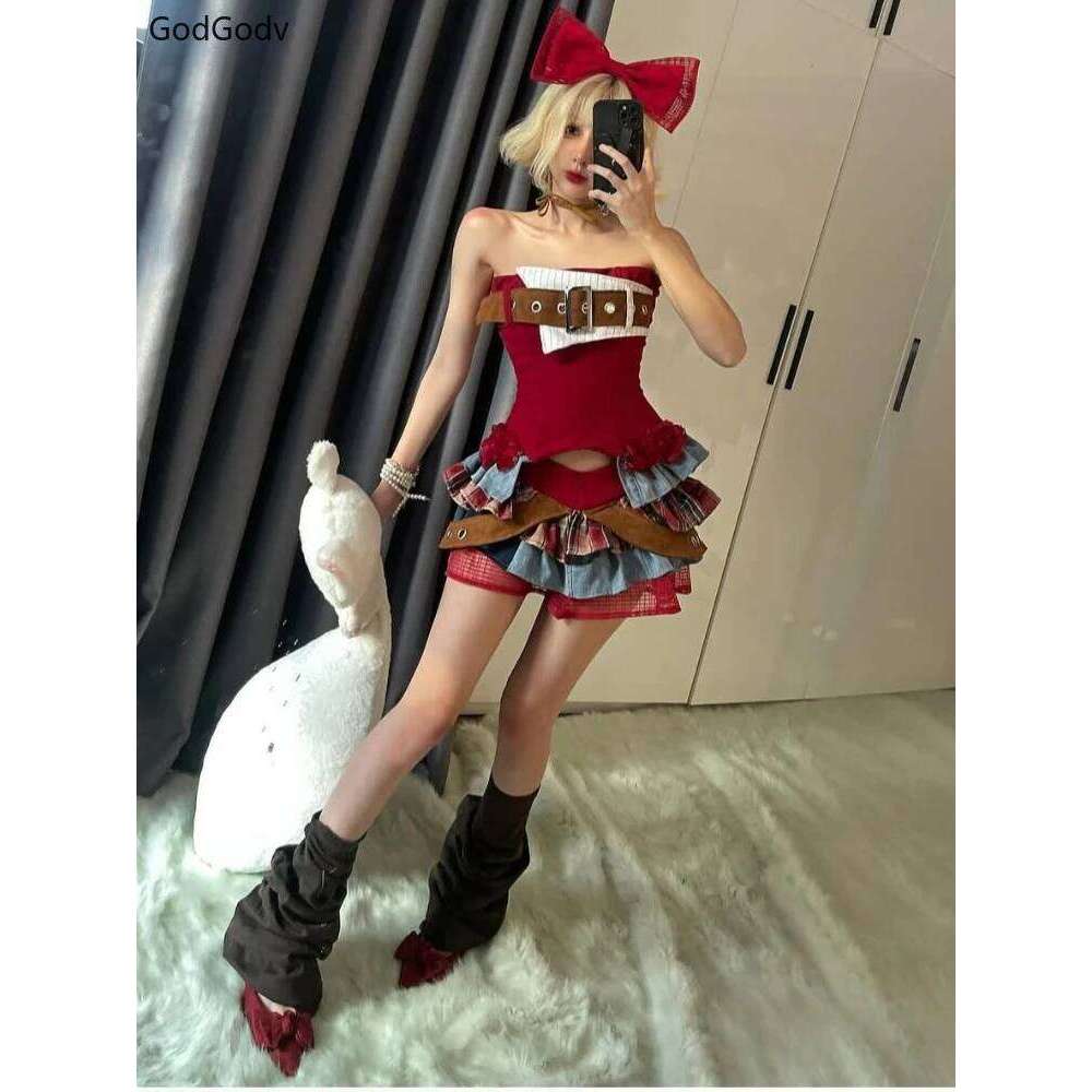 Preppy Vintage Red Denim Bustier Tops + Sweet Spicy Pure Design Mini Cake Skirt Women 2 Piece Sets Summer 2025 Korea Style