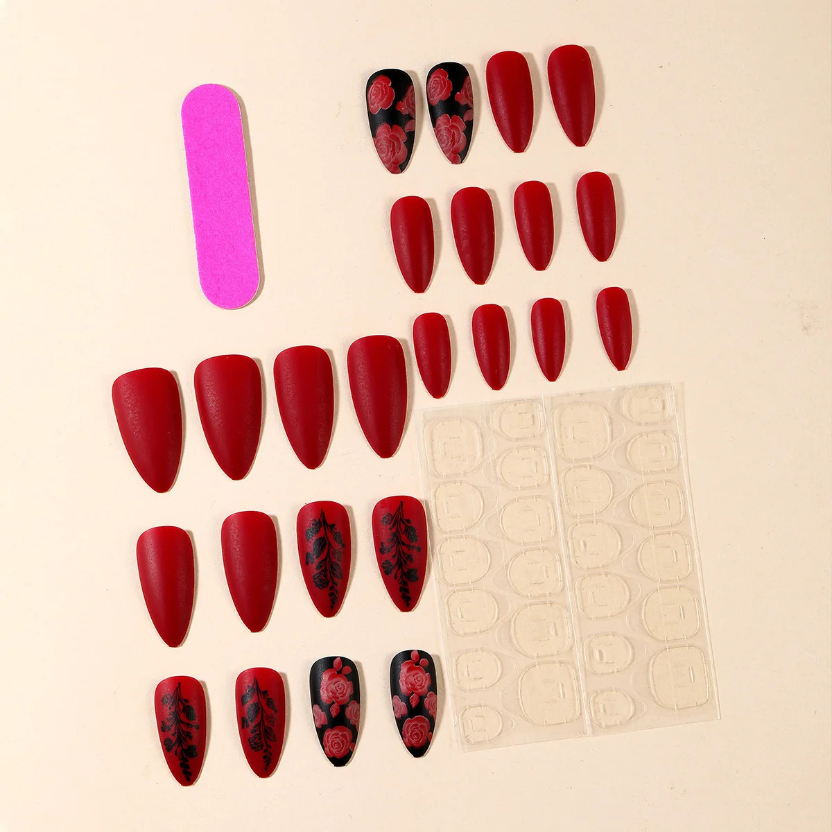 24Pcs Autumn Winter Matte Almond False Nails with Glue Rose Leaf Printing Nail Art Simple Full Cover Press on Acrylic Nails Tips 250625