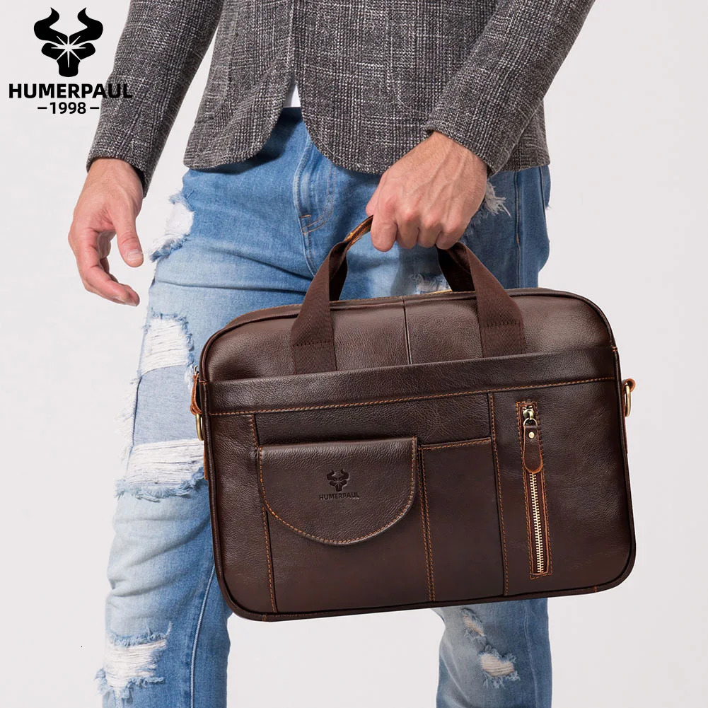 HUMERPAUL Mens Briefcase Bag Top Layer Leather Handcrafted Laptop Bag with Multiple Compartments Business Shoulder Messenger 250624